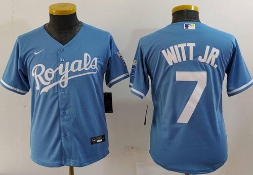 Youth Kansas City Royals #7 Bobby Witt Jr Light Blue Team Logo Cool Base Jersey