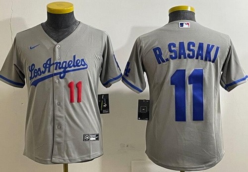 Youth Los Angeles Dodgers #11 Roki Sasaki Gray Alternate Player Number Team Logo Cool Base Jersey