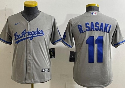Youth Los Angeles Dodgers #11 Roki Sasaki Gray Alternate Team Logo Cool Base Jersey