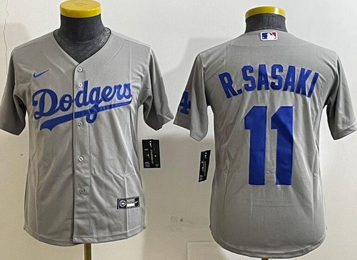 Youth Los Angeles Dodgers #11 Roki Sasaki Gray Team Logo Cool Base Jersey
