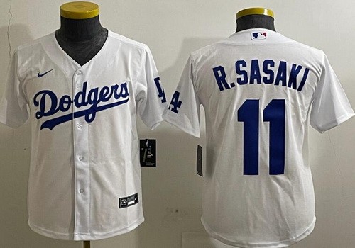 Youth Los Angeles Dodgers #11 Roki Sasaki White Team Logo Cool Base Jersey