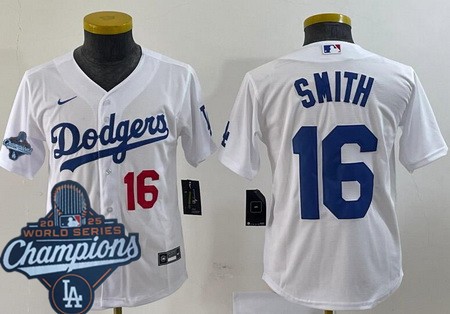 Youth Los Angeles Dodgers #16 Will Smith White 2025 World Series Champions Limited Jersey