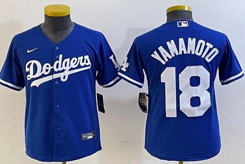 Youth Los Angeles Dodgers #18 Yoshinobu Yamamoto Blue Team Logo Cool Base Jersey