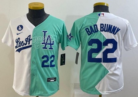Youth Los Angeles Dodgers #22 Bad Bunny White Green Blue Number 2022 Celebrity Softball Game Cool Base Jersey