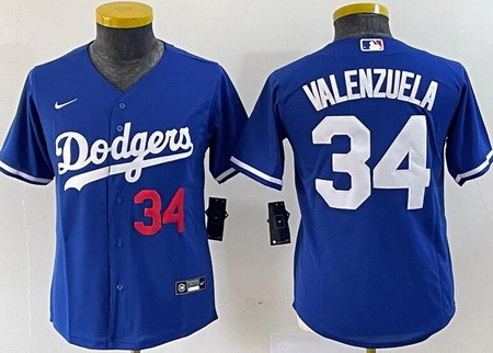 Youth Los Angeles Dodgers #34 Fernando Valenzuela Blue Player Number Cool Base Jersey
