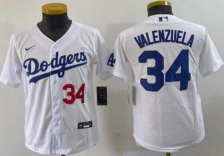 Youth Los Angeles Dodgers #34 Fernando Valenzuela White Player Number Cool Base Jersey