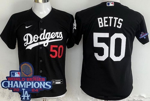 Youth Los Angeles Dodgers #50 Mookie Betts Black 2024 World Series Champions Limited Jersey