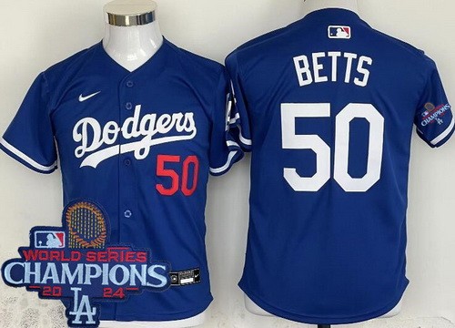 Youth Los Angeles Dodgers #50 Mookie Betts Blue 2024 World Series Champions Limited Jersey