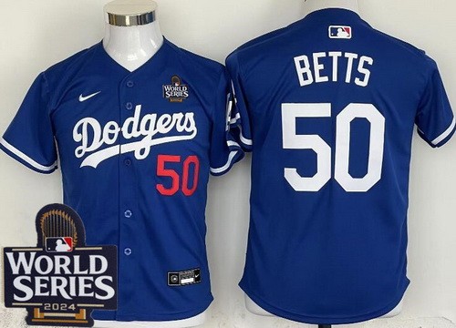 Youth Los Angeles Dodgers #50 Mookie Betts Blue 2024 World Series Limited Jersey
