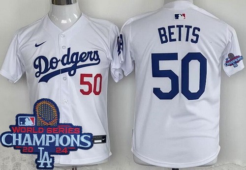 Youth Los Angeles Dodgers #50 Mookie Betts White 2024 World Series Champions Limited Jersey