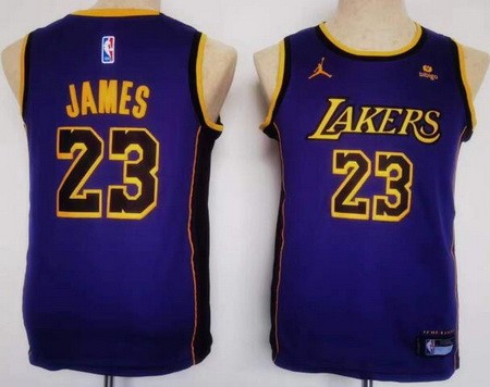 Youth Los Angeles Lakers #23 LeBron James Purple Statement Icon Sponsor Swingman Jersey