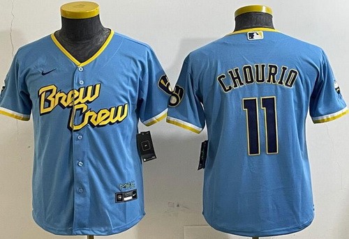 Youth Milwaukee Brewers #11 Jackson Chourio Blue City Connect Cool Base Jersey