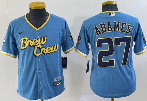Youth Milwaukee Brewers #27 Willy Adames Powder Blue 2022 City Connect Cool Base Jersey