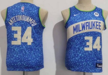 Youth Milwaukee Bucks #34 Giannis Antetokounmpo Blue 2023 City Icon Sponsor Swingman Jersey