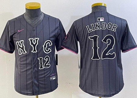 Youth New York Mets #12 Francisco Lindor Gray 2024 City Connect Player Number Cool Base Jersey