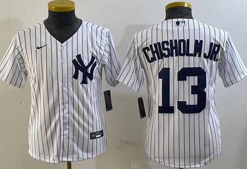 Youth New York Yankees #13 Chisholm Jr White Player Name Cool Base Jersey
