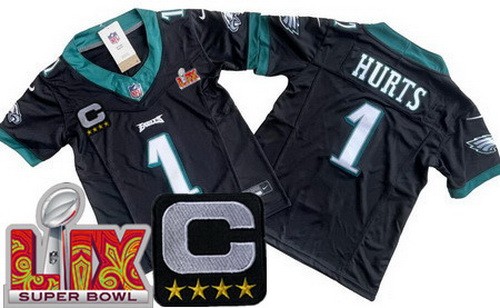 Youth Philadelphia Eagles #1 Jalen Hurts Limited Black C Patch Super Bowl LIX Vapor FUSE Jersey