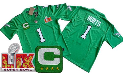 Youth Philadelphia Eagles #1 Jalen Hurts Limited Kelly Green C Patch Super Bowl LIX Vapor FUSE Jersey