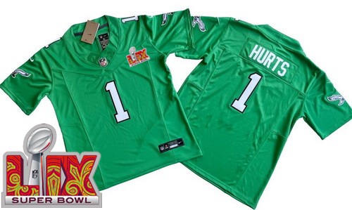 Youth Philadelphia Eagles #1 Jalen Hurts Limited Kelly Green Super Bowl LIX Vapor FUSE Jersey