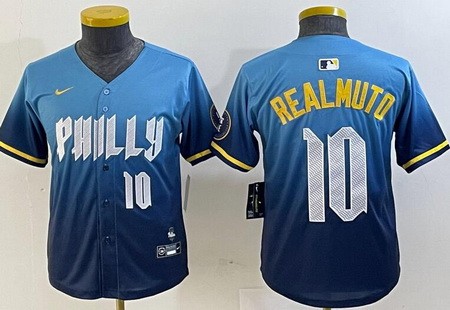 Youth Philadelphia Phillies #10 JT Realmuto Blue 2024 City Player Number Cool Base Jersey