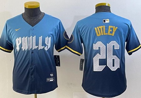 Youth Philadelphia Phillies #26 Chase Utley Blue 2024 City Limited Cool Base Jersey