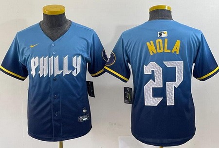 Youth Philadelphia Phillies #27 Aaron Nola Blue 2024 City Limited Cool Base Jersey