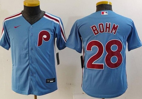 Youth Philadelphia Phillies #28 Alec Bohm Light Blue Cool Base Jersey