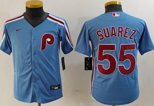 Youth Philadelphia Phillies #55 Ranger Suarez Light Blue Cool Base Jersey