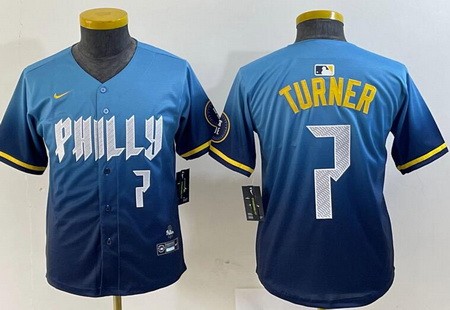 Youth Philadelphia Phillies #7 Trea Turner Blue 2024 City Player Number Cool Base Jersey