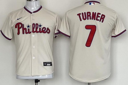 Youth Philadelphia Phillies #7 Trea Turner Cream Cool Base Jersey