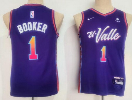 Youth Phoenix Suns #1 Devin Booker Purple 2023 City Icon Sponsor Swingman Jersey