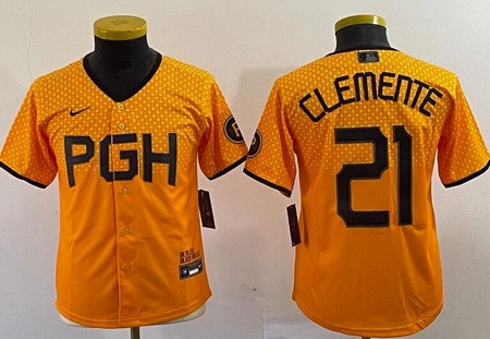 Youth Pittsburgh Pirates #21 Roberto Clemente Yellow 2023 City Connect Cool Base Jersey
