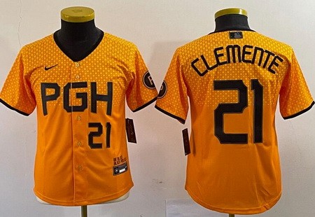 Youth Pittsburgh Pirates #21 Roberto Clemente Yellow 2023 City Connect Player Number Cool Base Jersey