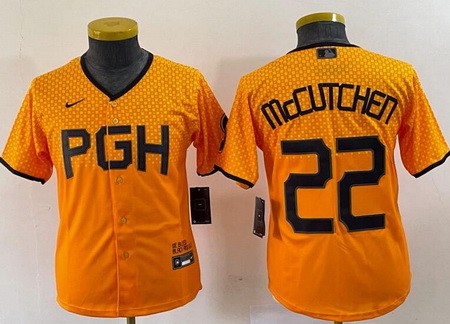 Youth Pittsburgh Pirates #22 Andrew McCutchen Yellow 2023 City Connect Cool Base Jersey