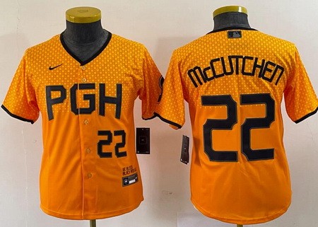 Youth Pittsburgh Pirates #22 Andrew McCutchen Yellow 2023 City Connect Player Number Cool Base Jersey