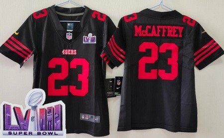 Youth San Francisco 49ers #23 Christian McCaffrey Limited Black LVIII Super Bowl Vapor Jersey