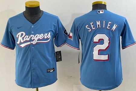 Youth Texas Rangers #2 Marcus Semien Light Blue Team Logo Cool Base Jersey