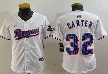 Youth Texas Rangers #32 Evan Carter White 2024 Gold Collection Limited Cool Base Jersey