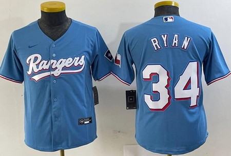 Youth Texas Rangers #34 Nolan Ryan Light Blue Team Logo Cool Base Jersey
