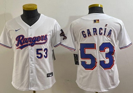 Youth Texas Rangers #53 Adolis Garcia White 2024 Gold Collection Player Number Limited Cool Base Jersey