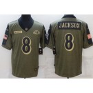 Men's Baltimore Ravens #8 Lamar Jackson Limited Olive 2021 Salute To Service Jersey