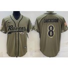 Men's Baltimore Ravens #8 Lamar Jackson Limited Olive 2022 Salute To Service Baseball Jersey