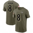 Men's Baltimore Ravens #8 Lamar Jackson Olive 2022 Salute To Service T Shirt