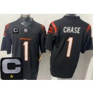 Men's Cincinnati Bengals #1 Ja'Marr Chase Limited Black 2025 Captain Patch FUSE Vapor Jersey