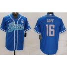 Men's Detroit Lions #16 Jared Goff Limited Blue 90th Season Baseball Jersey