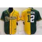 Men's Green Bay Packers #12 Aaron Rodgers Green Yellow Split Baseball Jersey
