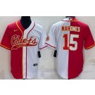 Men's Kansas City Chiefs #15 Patrick Mahomes Red White Split Baseball Jersey