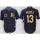 Men's Kansas City Royals #13 Salvador Perez Black Gold Player Number Cool Base Jersey