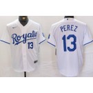 Men's Kansas City Royals #13 Salvador Perez White Player Number Team Logo Cool Base Jersey