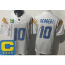 Men's Los Angeles Chargers #10 Justin Herbert Limited White Captain Patch FUSE Vapor Jersey
